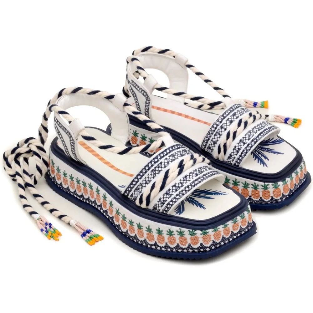 FARM RIO Embroidered Pineapples Ankle Tie Platform Sandals